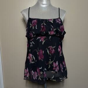 Fahion Bug Womens Floral Black Chiffon Tank Top Baby Doll XL Braided Straps Goth